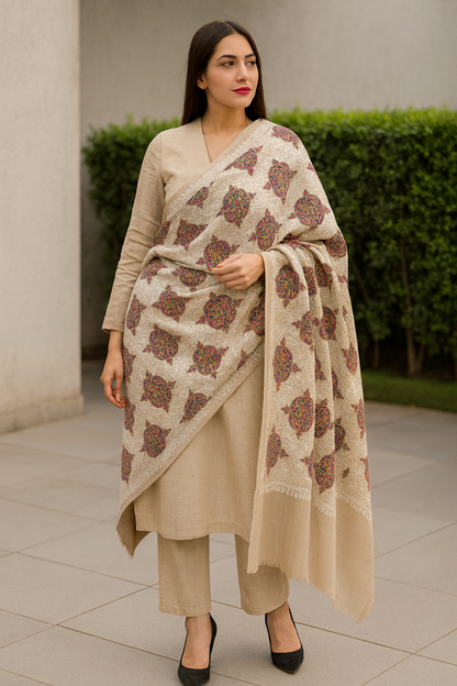 Luxury Pashmina Aari Embroidered Shawl  Ivory Beige with Multicolor