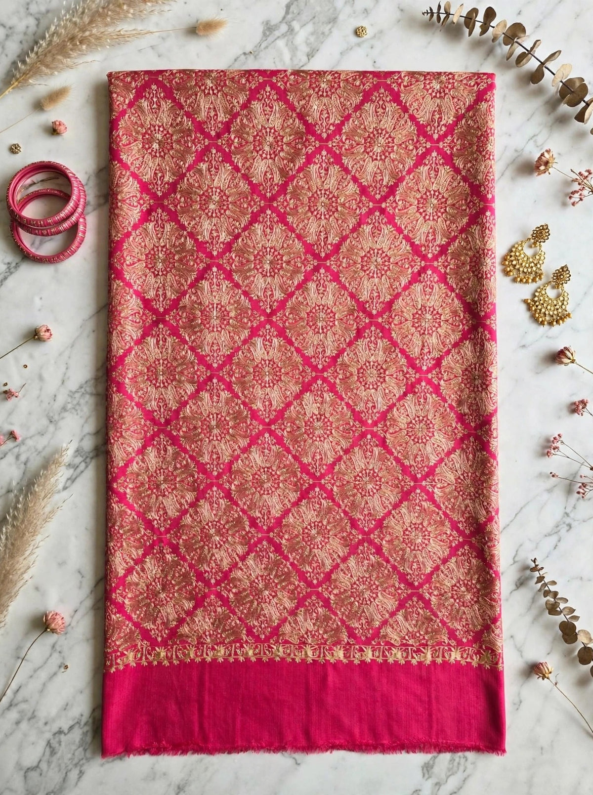 Pink Gold Diamond Jaal Pashmina Shawl - Luxury Embroidered Winter Shawl