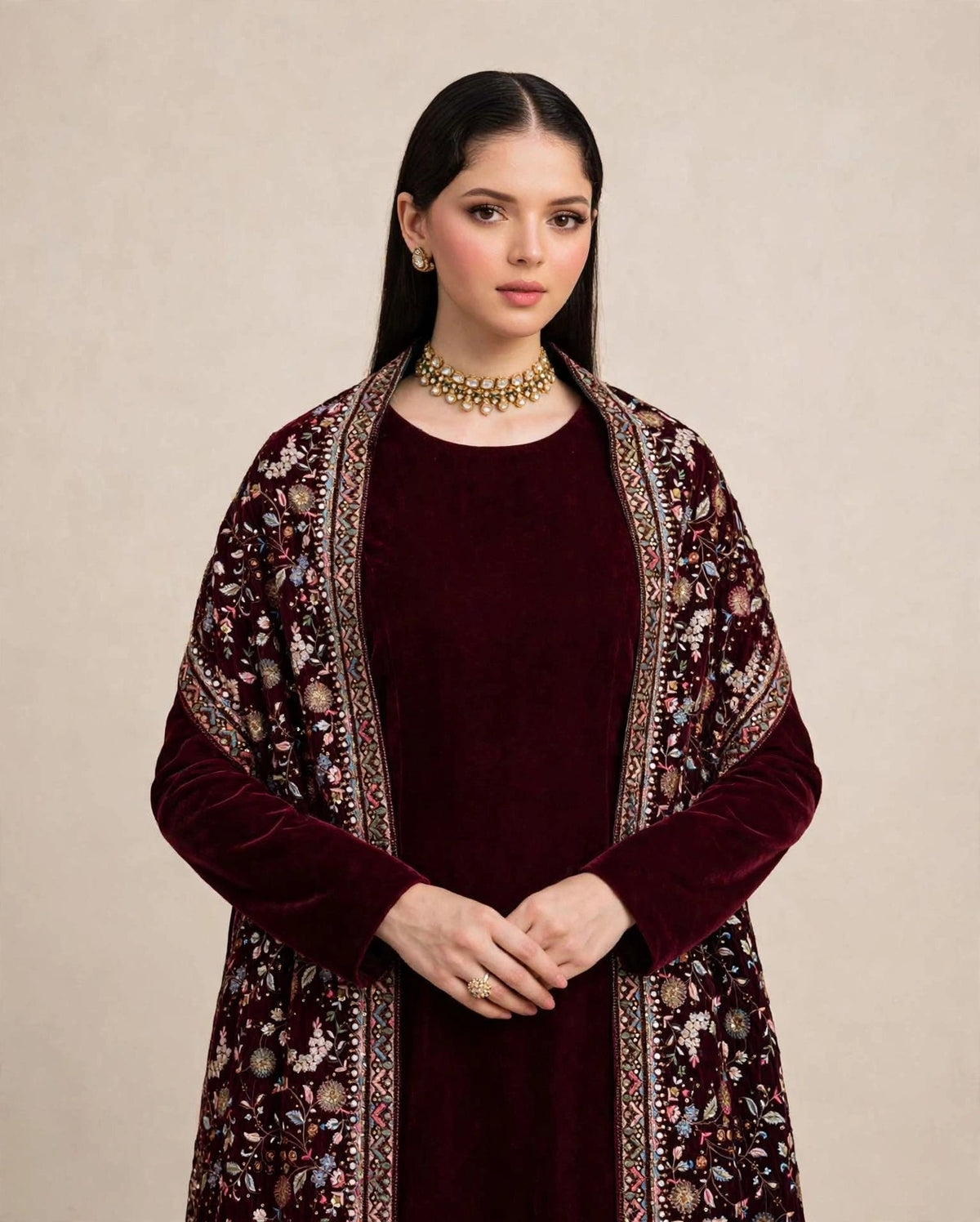 Raat Ki Rani - Burgundy Velvet Kalamkar Shawl Set
