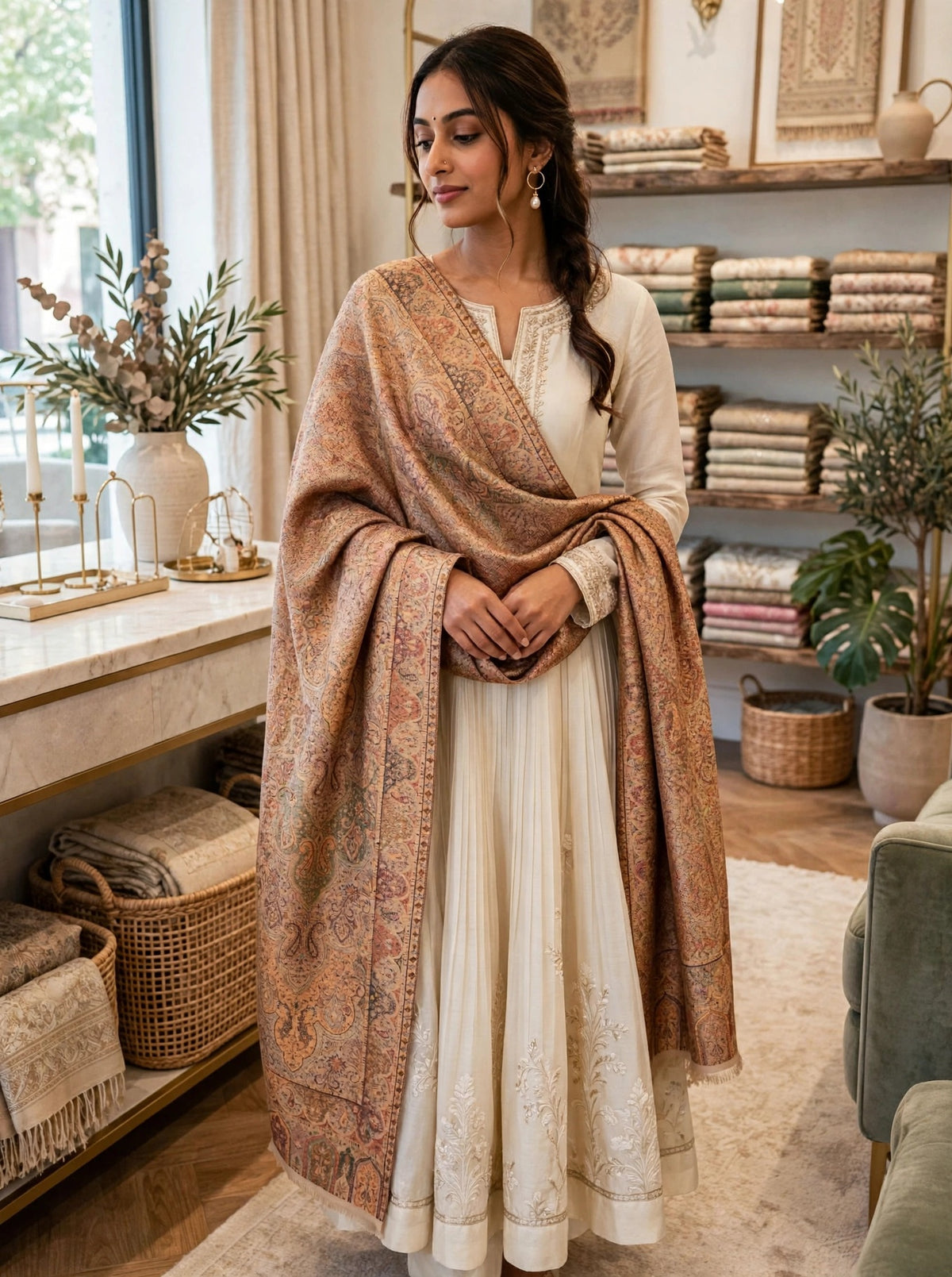 Reversible Kani Silk Zari Shawl - Beige Gold Paisley Pashmina Wrap