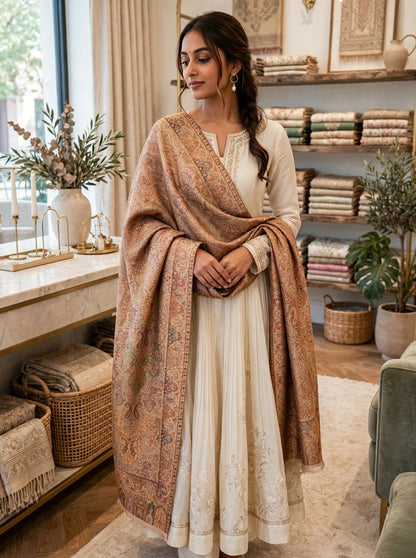 Reversible Kani Silk Zari Shawl - Beige Gold Paisley Pashmina Wrap