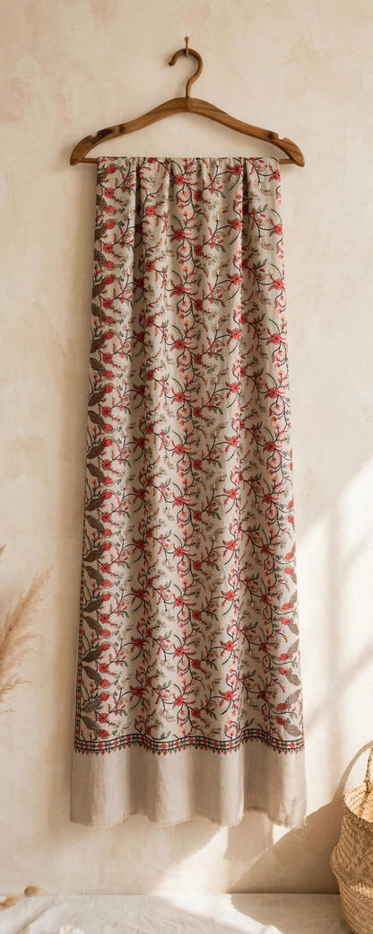Beige Pashmina Papier Mâché Embroidered Shawl