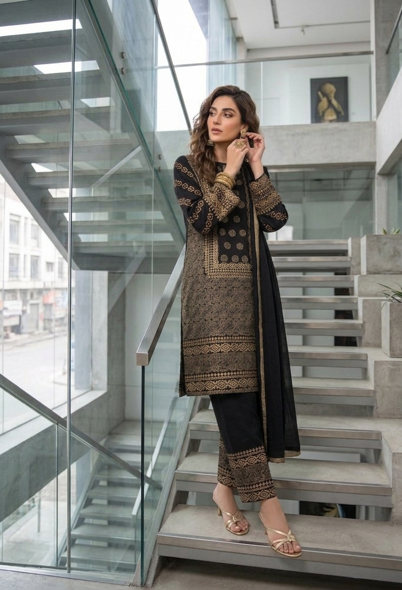 Midnight Gold Hand-Block Printed Cotton Lawn Set