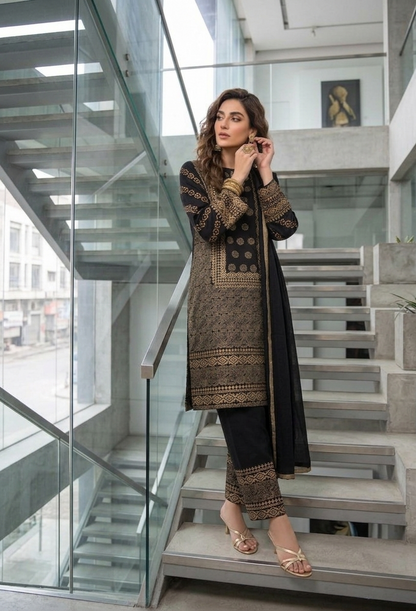 Midnight Gold Hand-Block Printed Cotton Lawn Set
