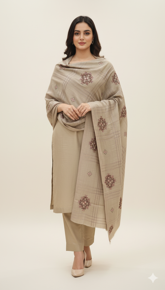 Embroidered Check and Floral Pashmina Shawl