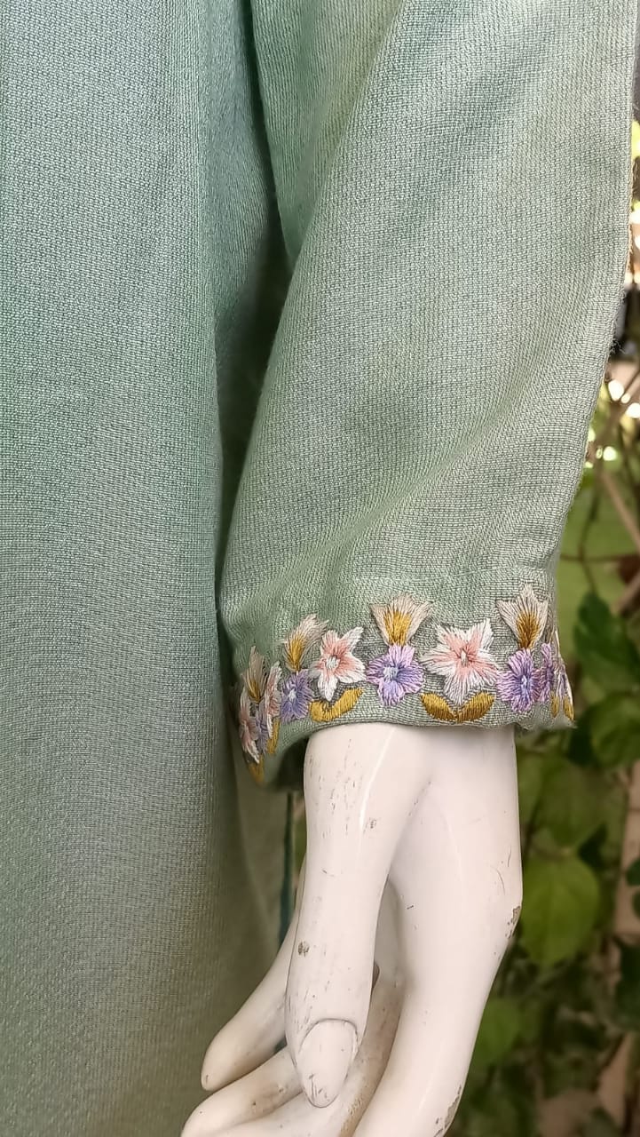 Sage Green Cotton Salwar Kameez with Floral Embroidery | 3-Piece | Machine Embroidered Neckline & Sleeves | Crush Cott