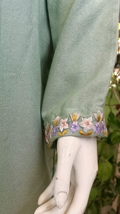 Sage Green Cotton Salwar Kameez with Floral Embroidery | 3-Piece | Machine Embroidered Neckline & Sleeves | Crush Cott