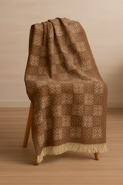 Warm Brown Wool Stoler with Geometric Pattern & Fringed Edges