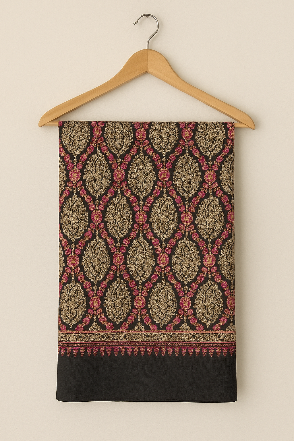 Luxury Pashmina Shawl – Golden & Pink Hand Embroidery on Black