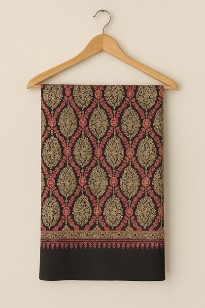 Luxury Pashmina Shawl – Golden & Pink Hand Embroidery on Black