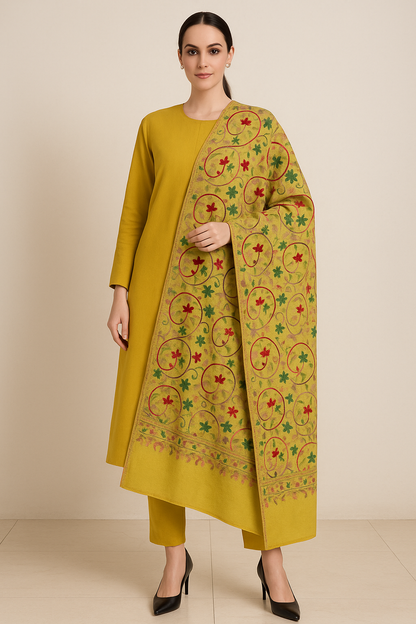 Luxury Pashmina Aari Embroidery Shawl  Mustard Base with Multicolor Motifs