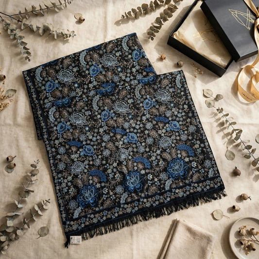 Luxury Karandi Embroidered Shawl – Black with Blue & Beige Aari Work