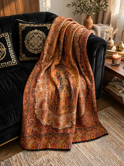 Heritage Jama Silk Zari Shawl Rust Orange & Gold Paisley Work