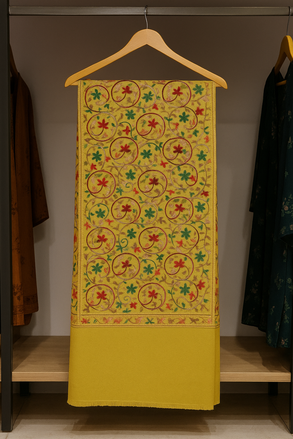 Golden Mustard Pashmina Shawl with Multicolor Aari Embroidery