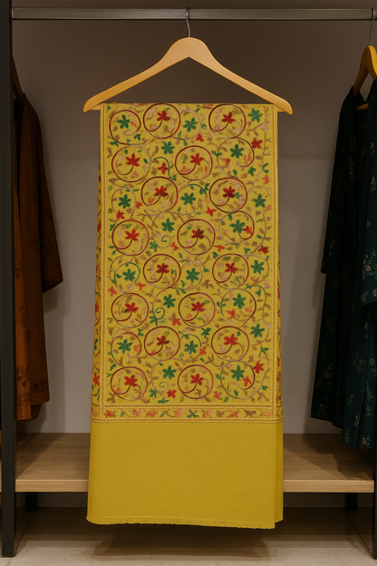 Golden Mustard Pashmina Shawl with Multicolor Aari Embroidery