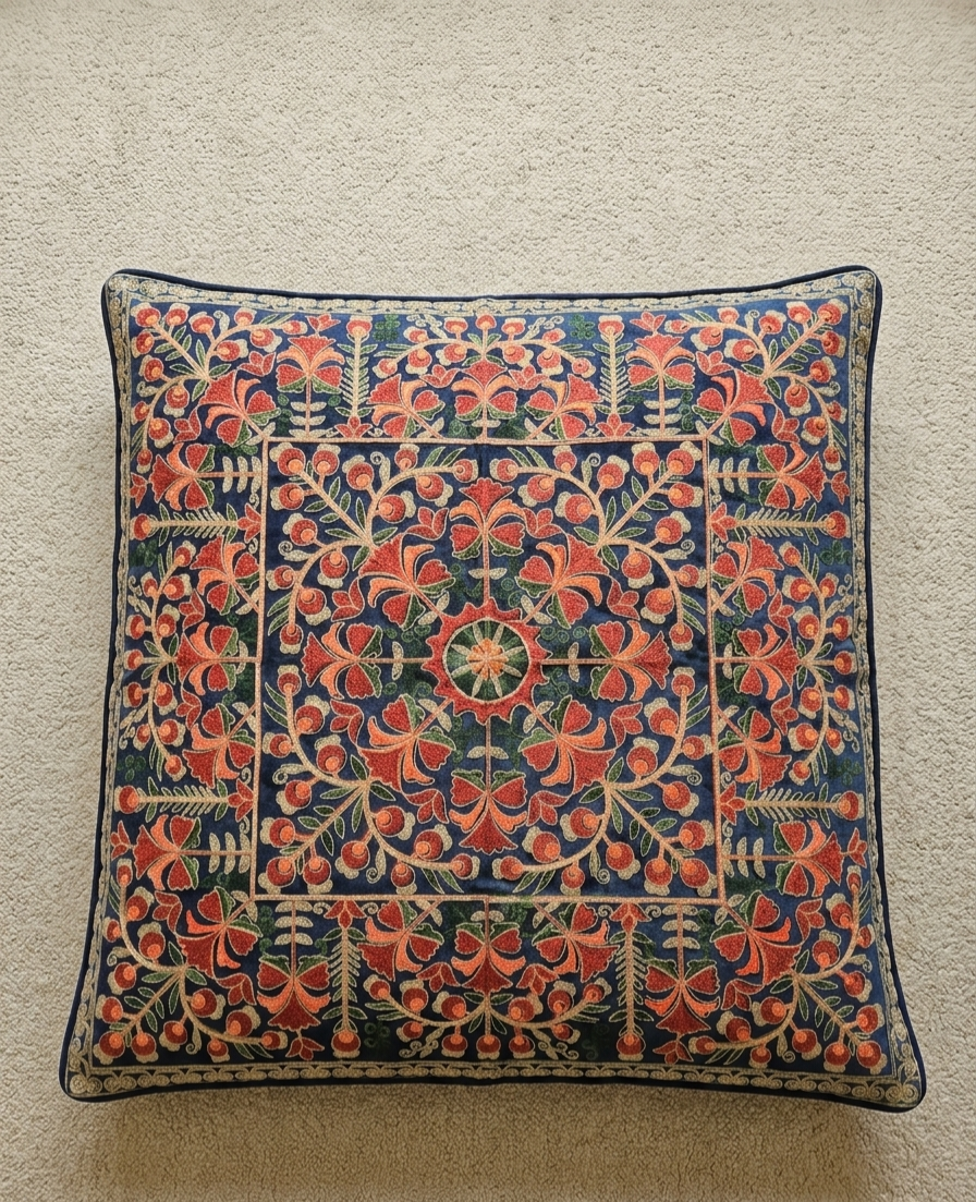 Floral Medallion Embroidered Silk Floor Cushion