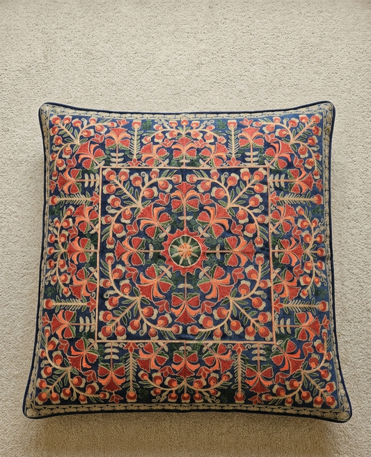Floral Medallion Embroidered Silk Floor Cushion