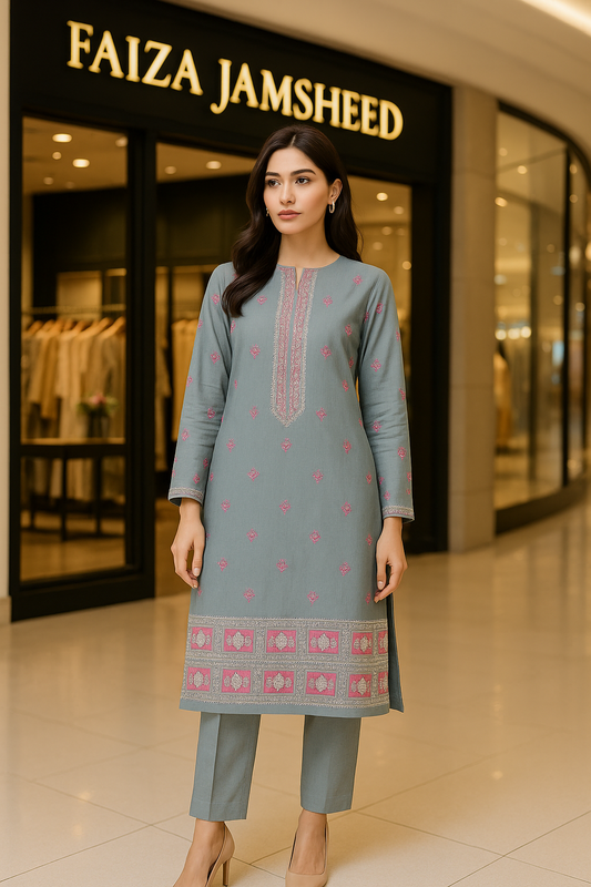 Powder Grey Pink Embroidered Lawn 2-Piece