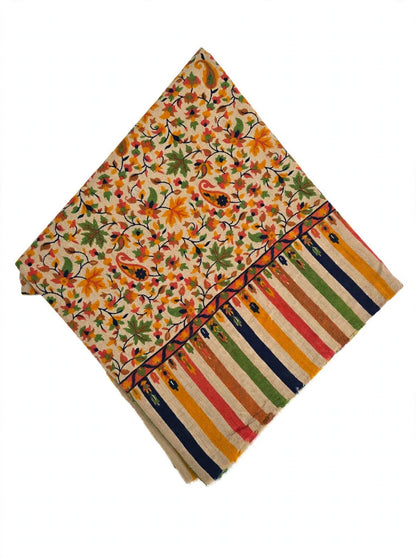 Floral Printed Pashmina Shawl with Striped Border | Soft Autumn Leaf Wrap