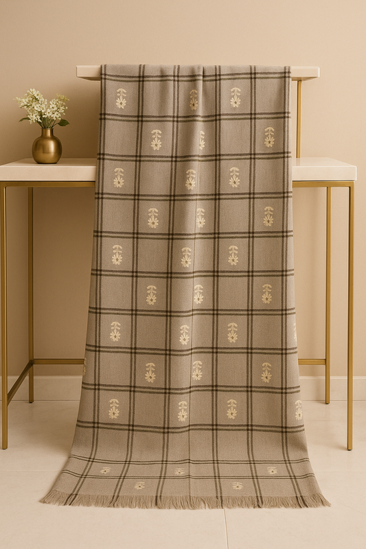 Luxury Gotta Pasted Pashmina Shawl – Beige Checkered with Floral Motifs