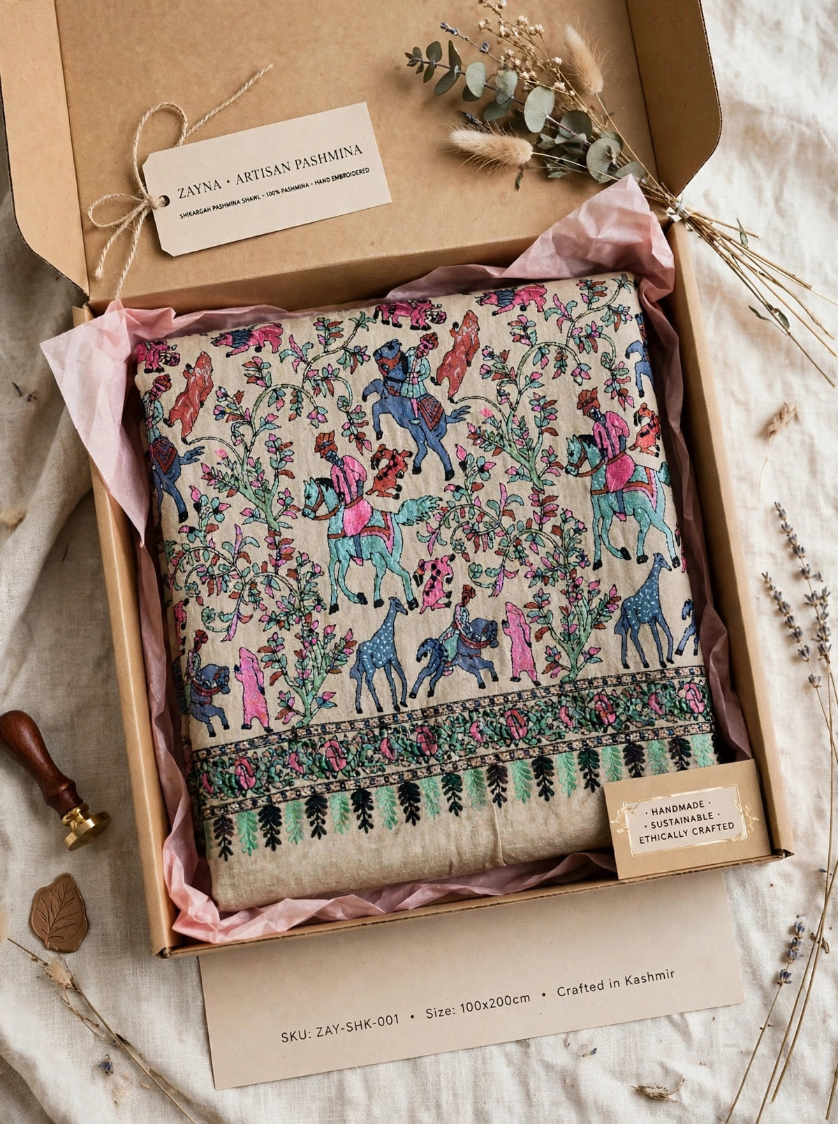 Noor - Beige Shikargah Kalamkari Pashmina Shawl
