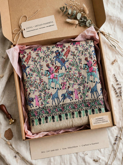 Noor - Beige Shikargah Kalamkari Pashmina Shawl