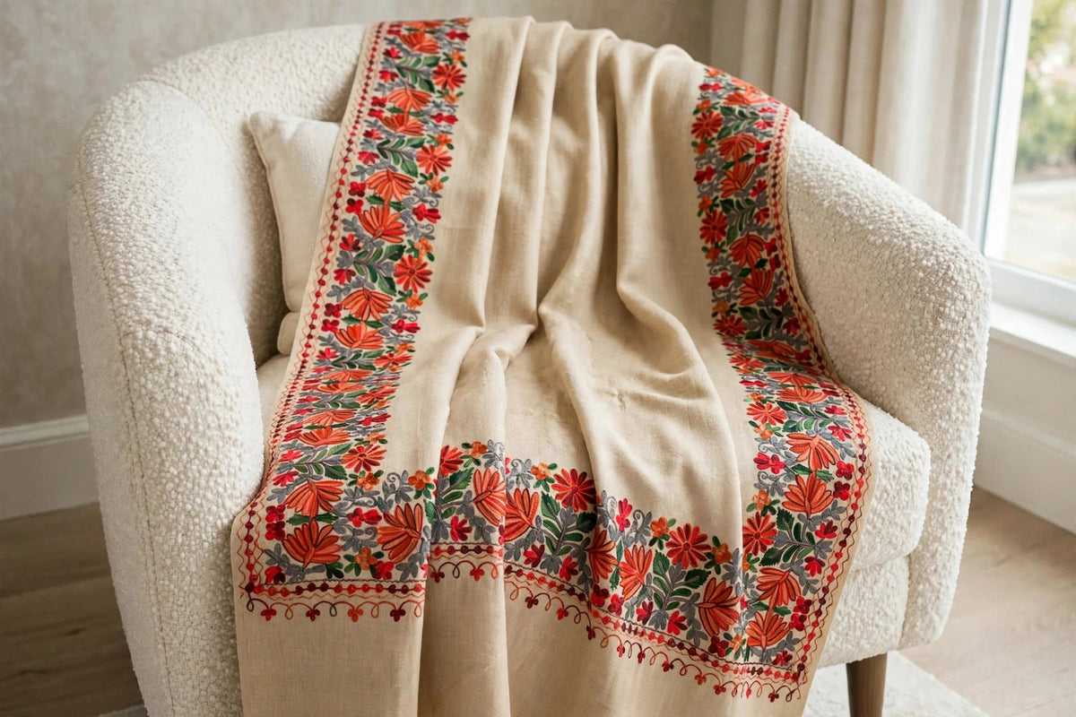 Beige Bloom - Pure Pashmina Aari Embroidered Shawl | Handmade Kashmiri Floral Border