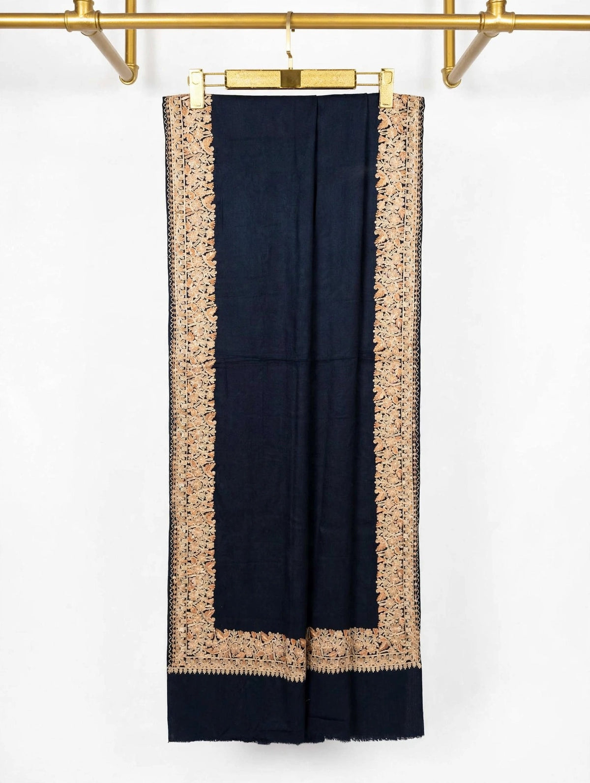 Midnight Navy Pure Pashmina Shawl with 4-Side Heavy Aari Embroidery Border - Beige Floral