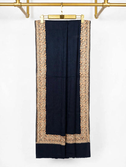 Midnight Navy Pure Pashmina Shawl with 4-Side Heavy Aari Embroidery Border - Beige Floral