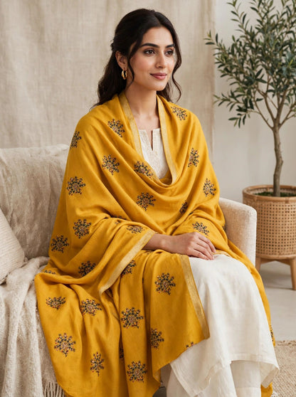 Mustard Embroidered Pashmina Shawl with Gold Zari Border | Booti Work Winter Shawl for Women