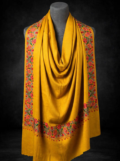 Mustard Bloom -Embroidered Pure Pashmina Shawl with Kashmiri Aari Border