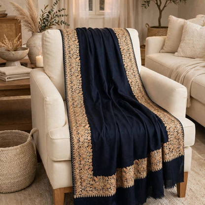 Midnight Navy Pure Pashmina Shawl with 4-Side Heavy Aari Embroidery Border - Beige Floral