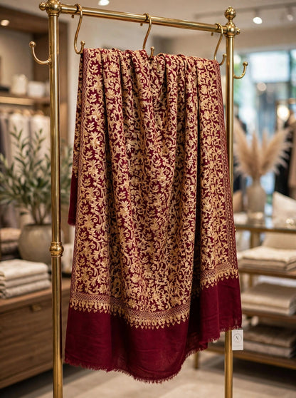 Maroon Pashmina Shawl Gold Aari Embroidery