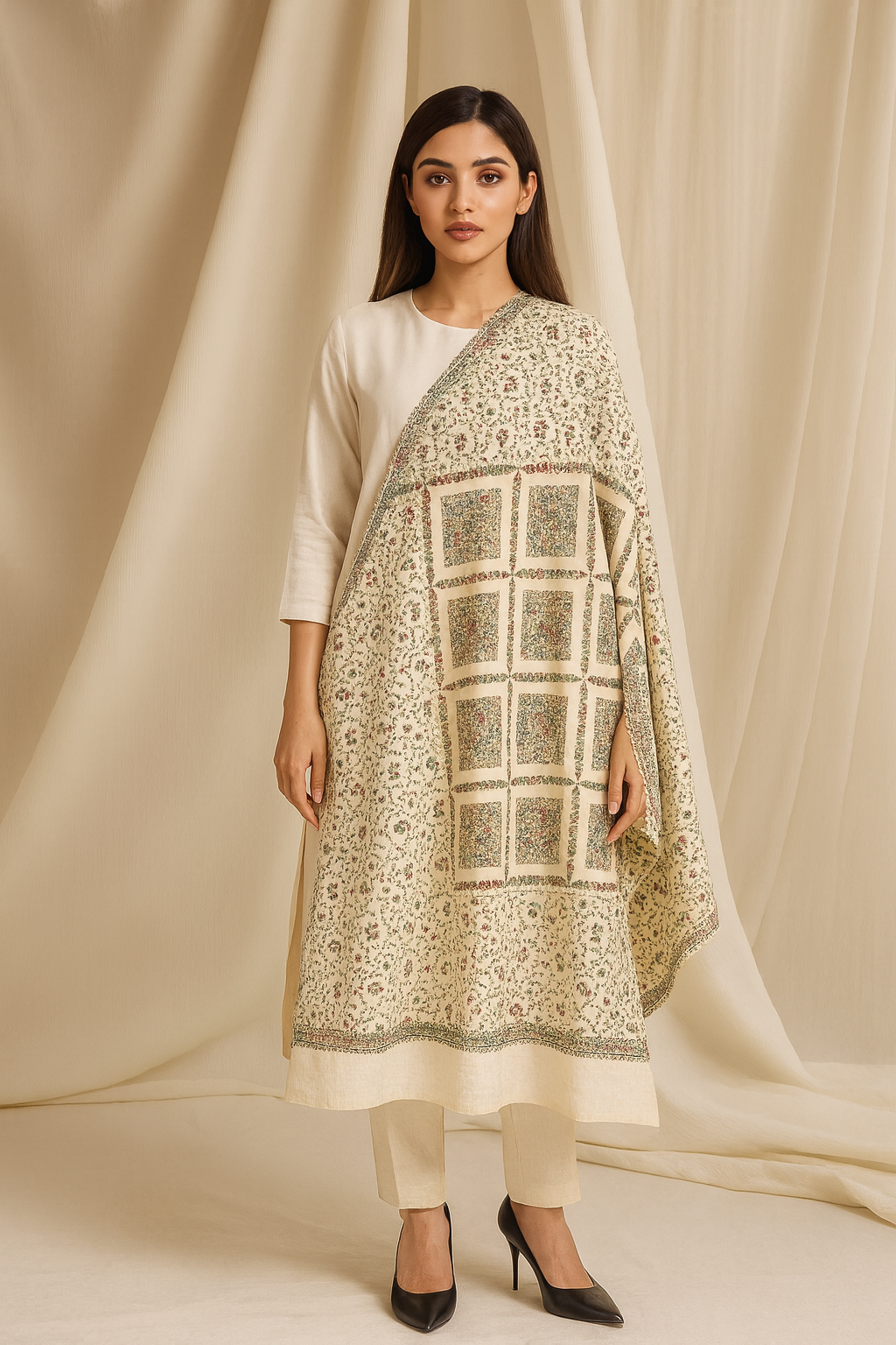 Needle Embroidery Pashmina Shawl  Beige & Maroon Floral Grid Pattern