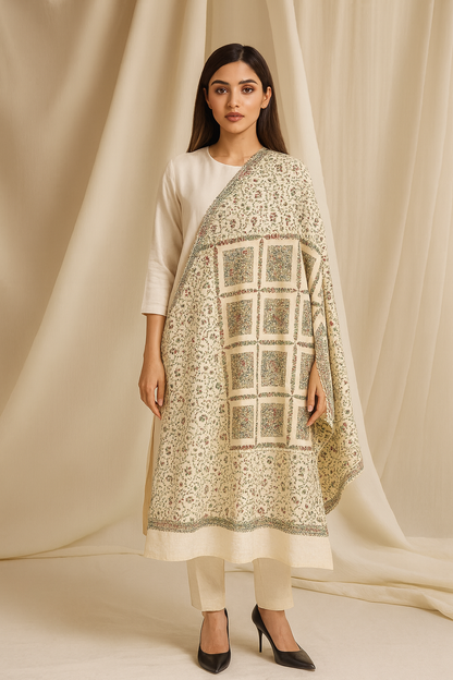 Needle Embroidery Pashmina Shawl  Beige & Maroon Floral Grid Pattern