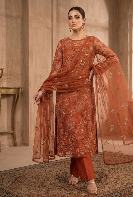 Rust Embroidered Bareeze Net & Chiffon Ensemble