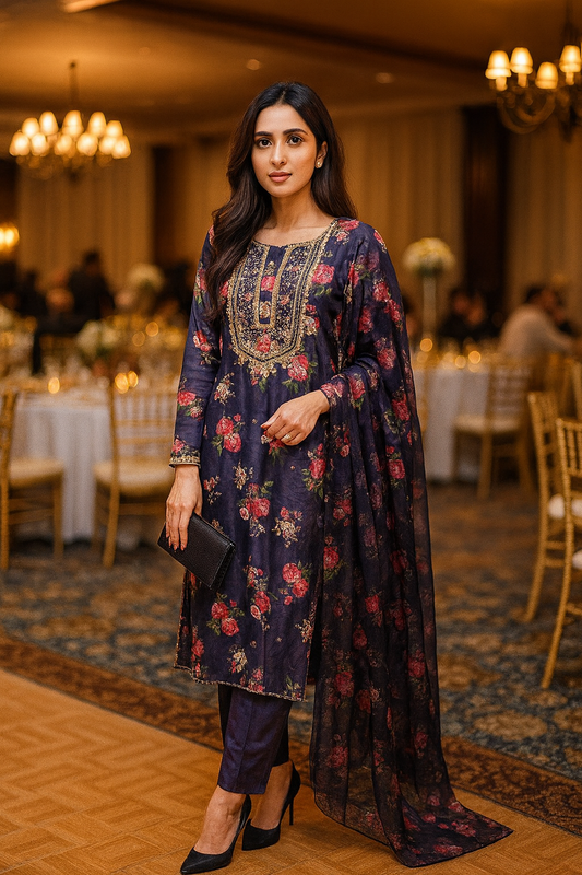 Floral gota hand embroidery neckline