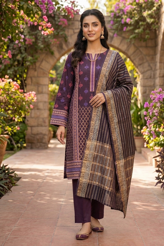 Imperial Plum: Hand-Block Printed 3-Piece Jacquard Ensemble