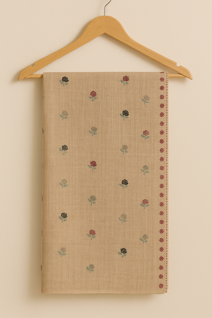 Beige Pashmina Embroidered Shawl with Floral Motifs & Red Border