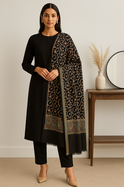 Luxury Black Pashmina Embroidered Shawl