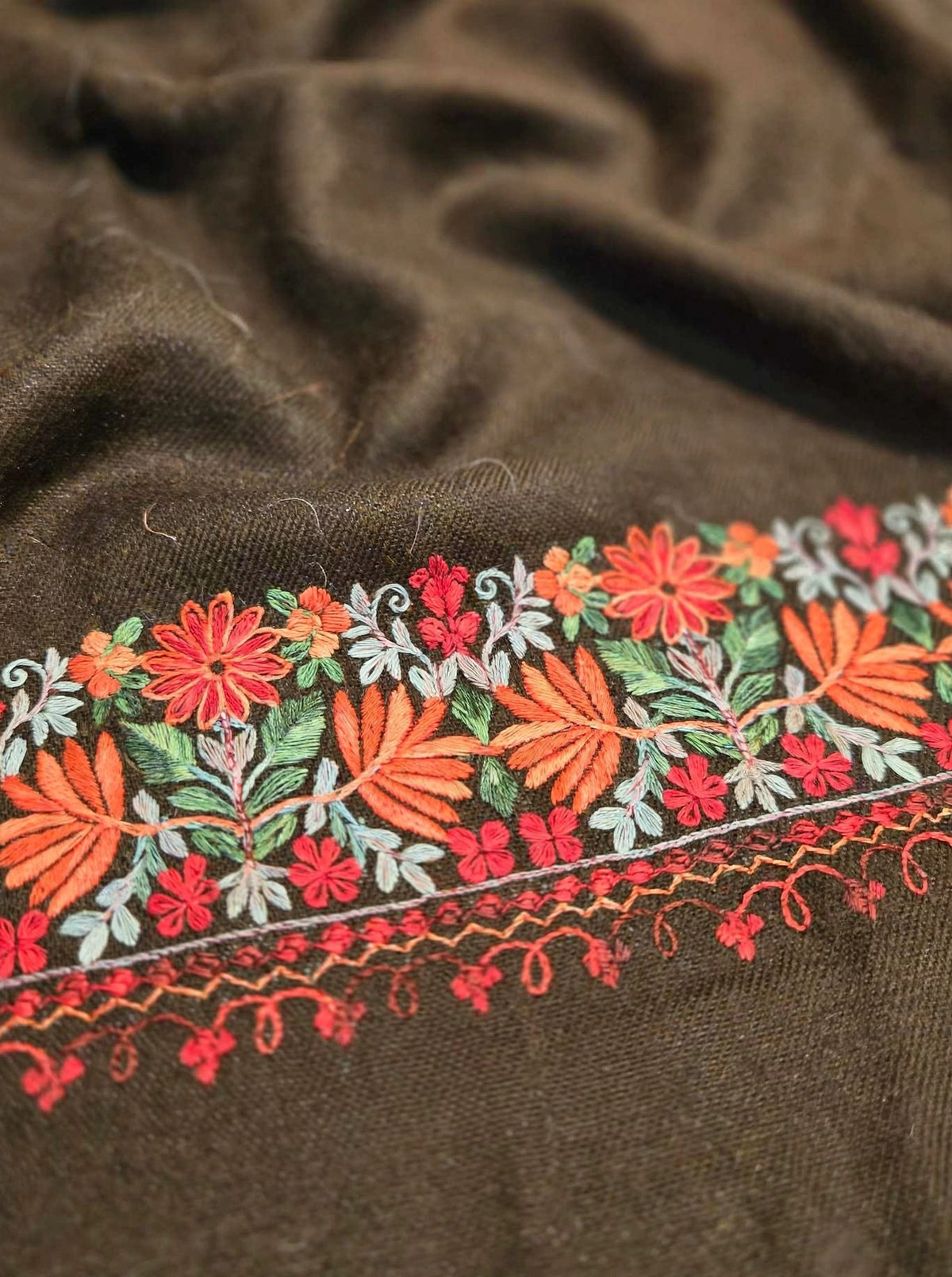 Noor - Mocha Brown Pure Pashmina Aari Embroidered Border Shawl