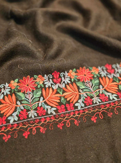 Noor - Mocha Brown Pure Pashmina Aari Embroidered Border Shawl