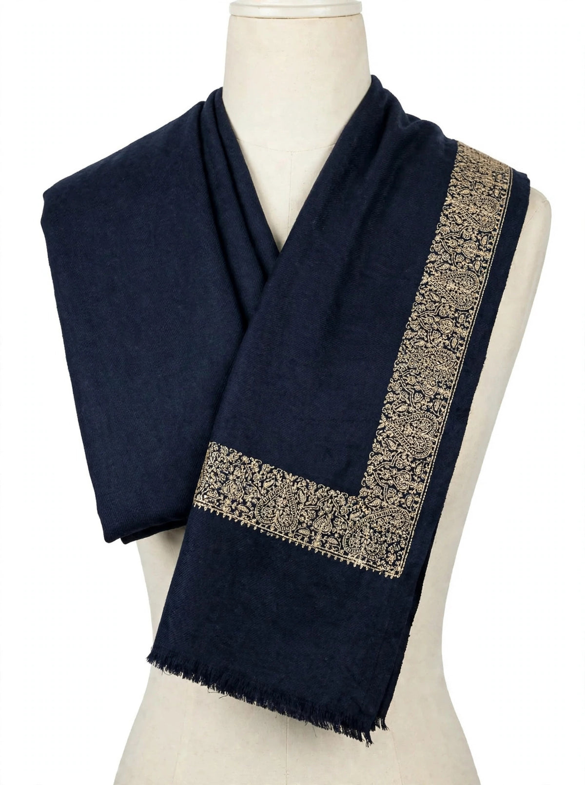 Navy Blue Pashmina Shawl with Gold Zari Paisley Border