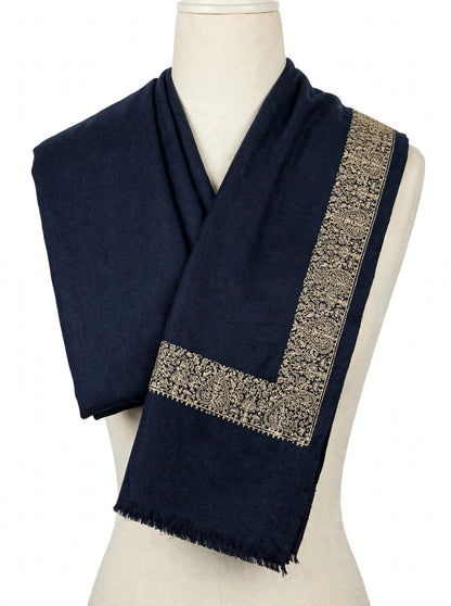 Navy Blue Pashmina Shawl with Gold Zari Paisley Border