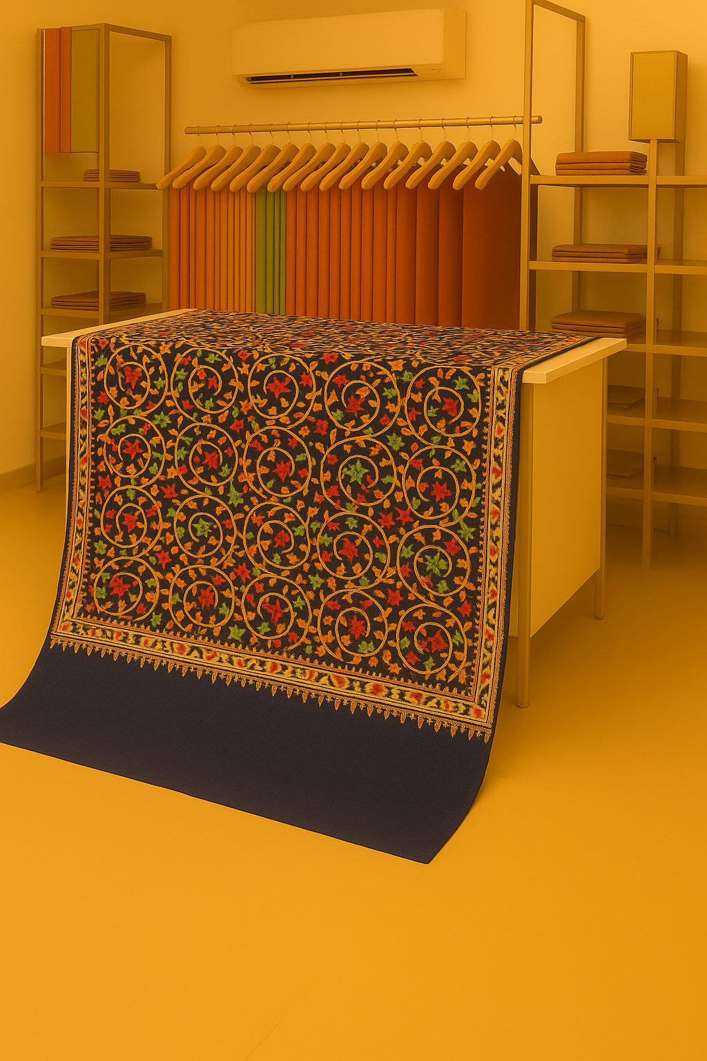 Navy Blue Pashmina Shawl with Multicolor Aari Embroidery