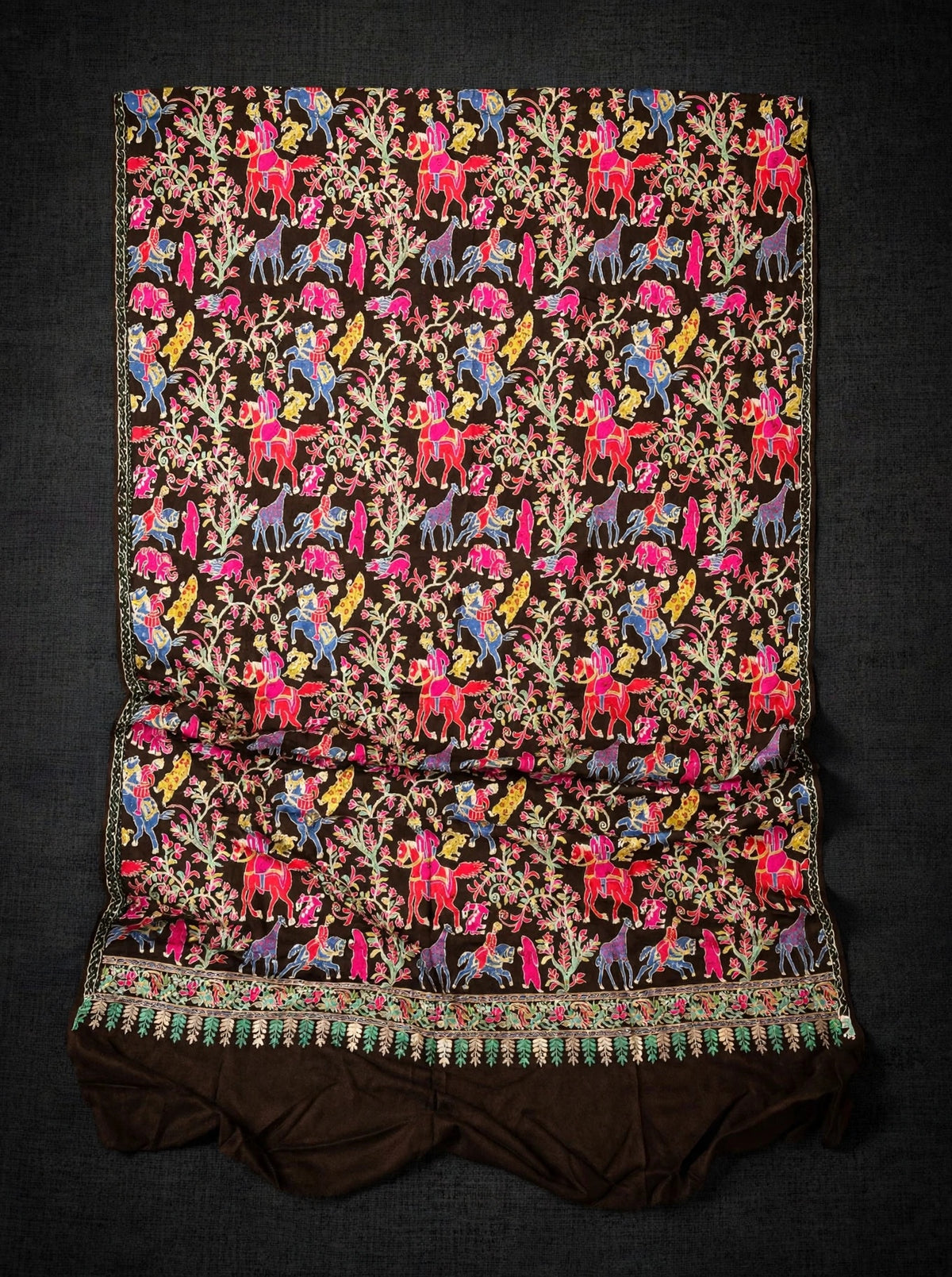 Brown Pashmina Shikargah Shawl with Multicolor Nalki Embroidery - Royal Hunt