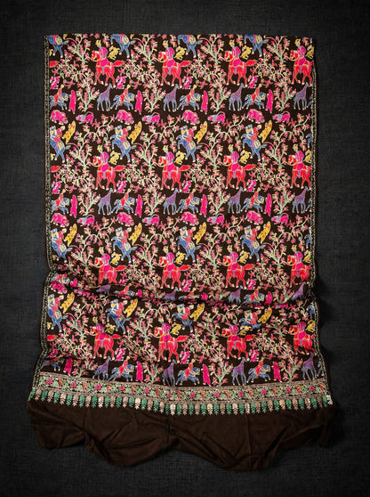 Brown Pashmina Shikargah Shawl with Multicolor Nalki Embroidery - Royal Hunt