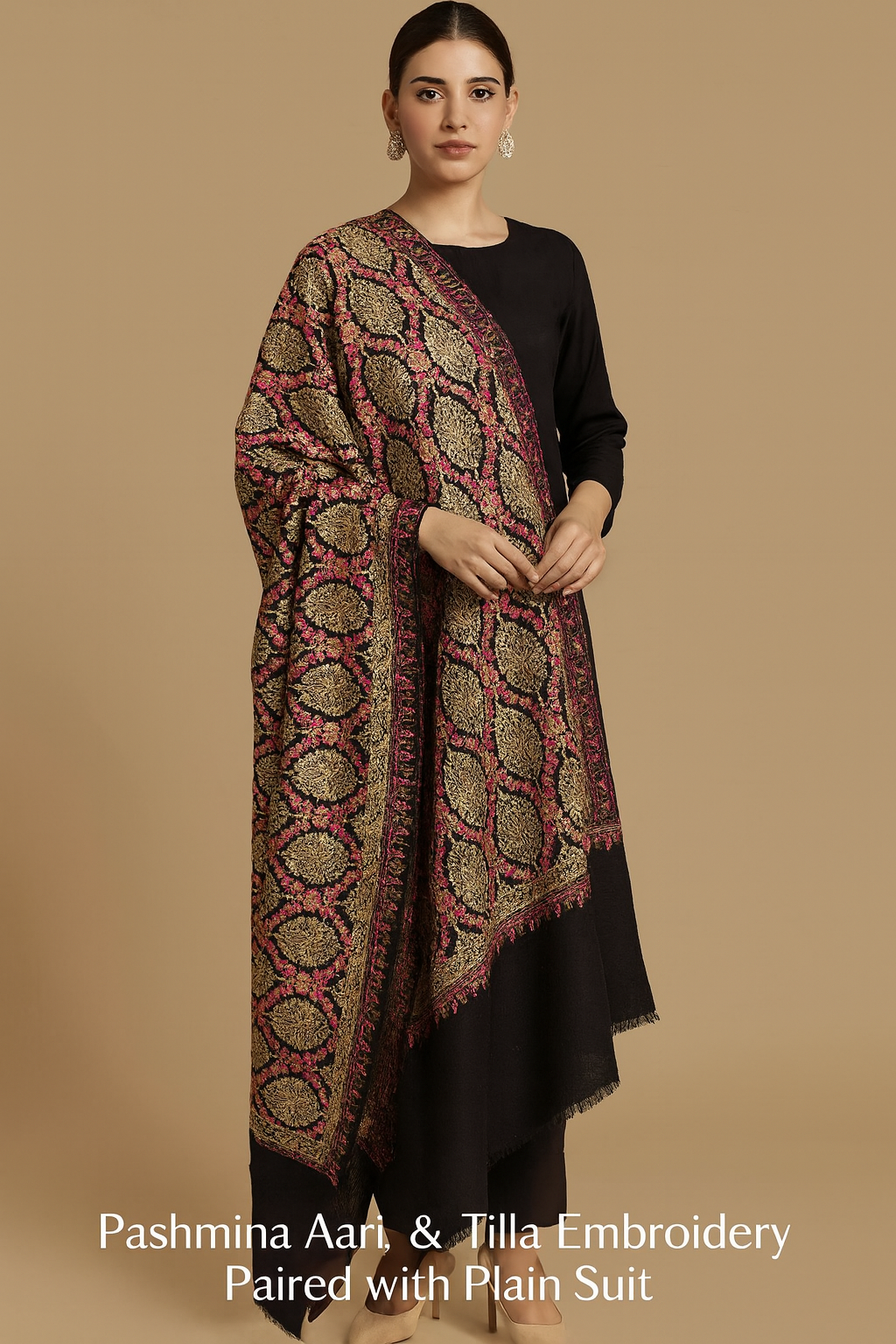 Luxury Pashmina Shawl – Golden & Pink Hand Embroidery on Black