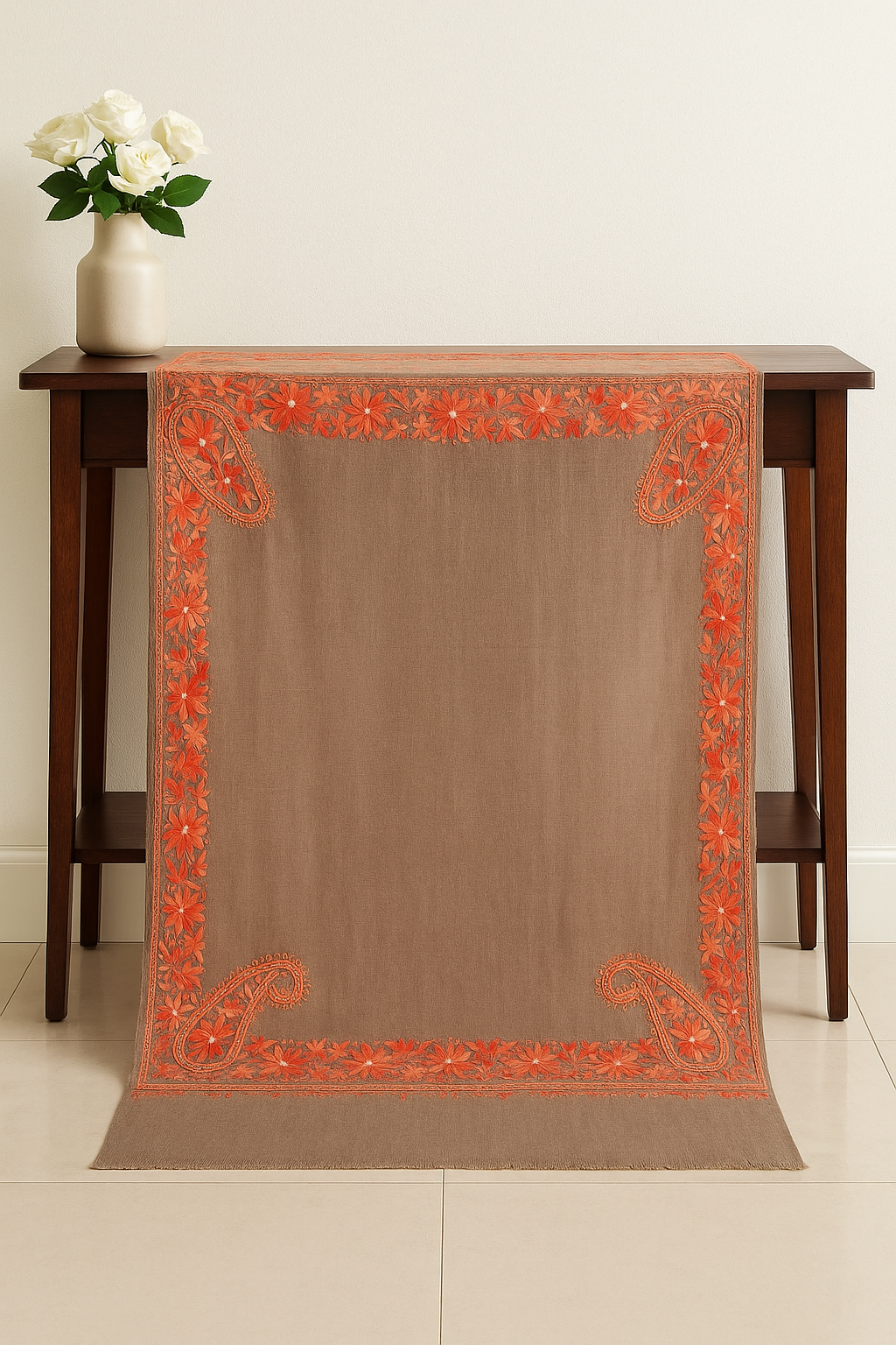 Beige Pashmina Shawl with Four-Side Floral Paisley Embroidery