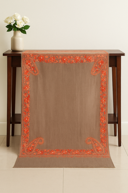 Beige Pashmina Shawl with Four-Side Floral Paisley Embroidery